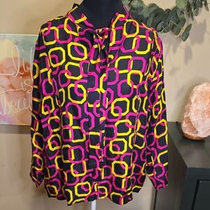 Geometric Patterned (Large) Women's Top - Black, Pink, Yellow. Hand Sewn